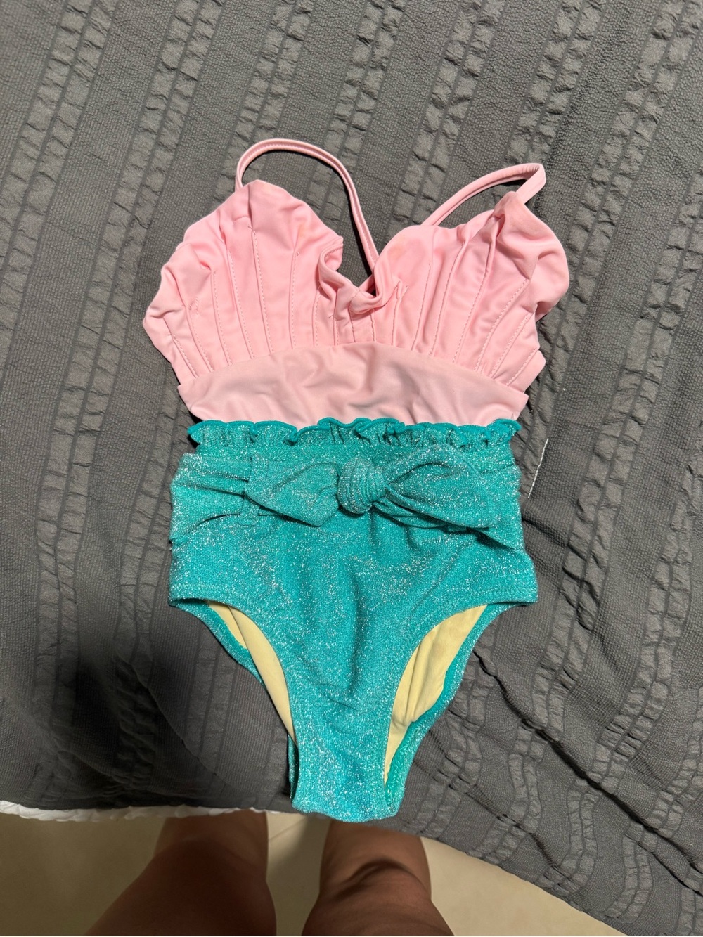 Shimmery Pink and Teal Girls' One-Piece Swimsuit with Waist Bow